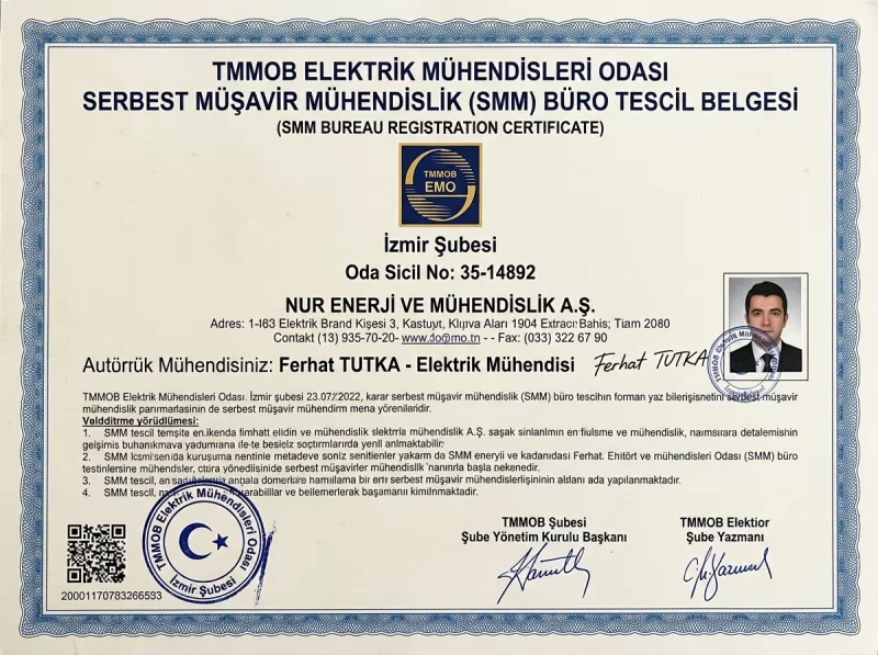 TMMOB EMO Serbest Müşavir Mühendislik (SMM) Büro Tescil Belgesi